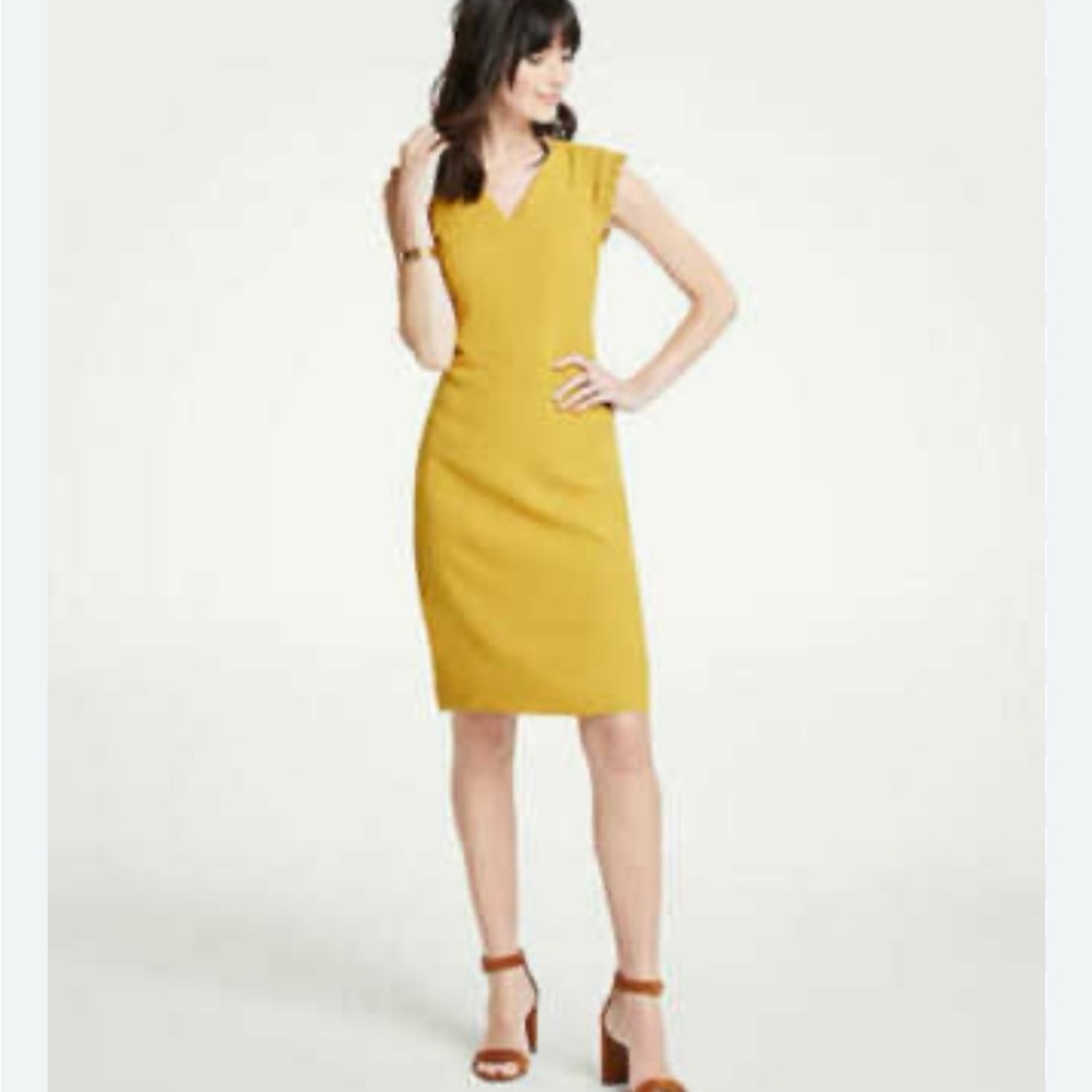 Ann Taylor Yellow Sheath Dress V-Neck Ruffle Cap Sleeve Career Office Profession
